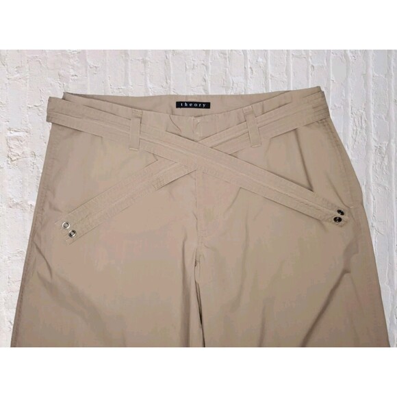 Theory Wide Leg Belted Khaki Pants Womens 33 Tan Cotton Boho Gypsy Office - Picture 3 of 8